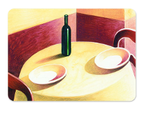 table with yellow table clother, two plates and a wine bottle on table